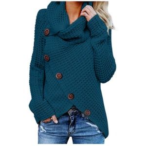 Turtle CowlNeck ChunkyButton WrapPullover Sweater2